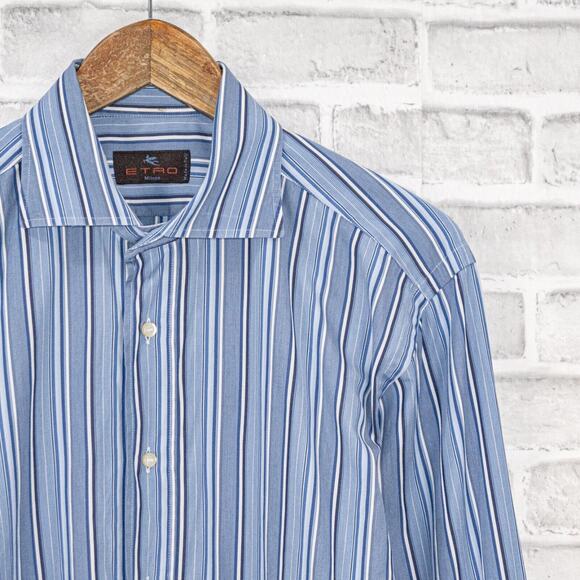 ETRO Milano Button up Dress Shirt in Blue striped cotton size 40 Made in Italy - Picture 8 of 11